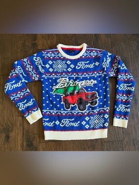 Ford Bronco Christmas Sweater Youth Large 14/16 Blue Fair Isle Holiday Knit